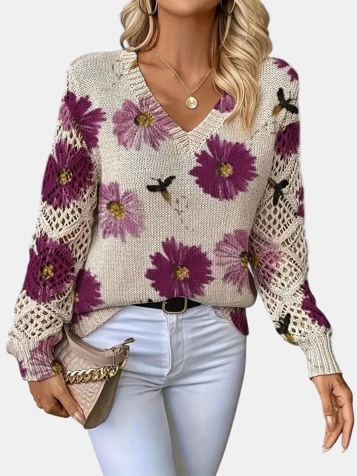 Rosalie - Elegant Floral V-Neck Sweater