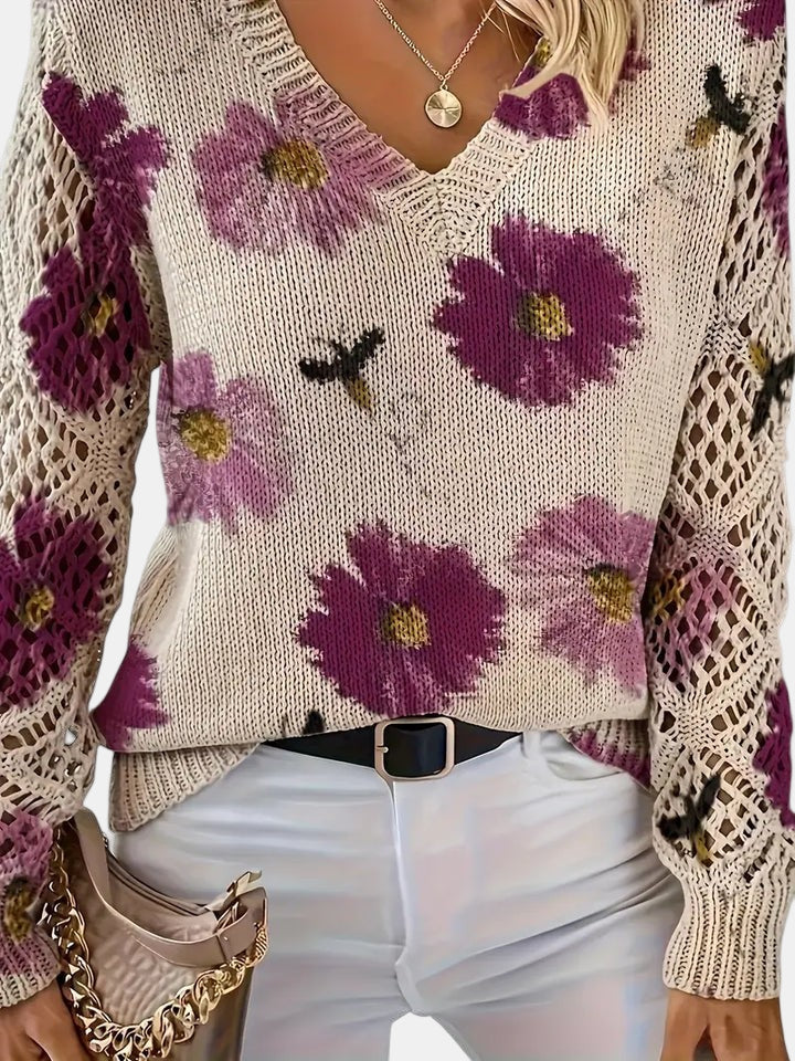 Rosalie - Elegant Floral V-Neck Sweater