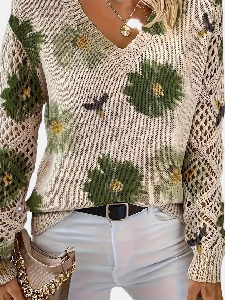 Rosalie - Elegant Floral V-Neck Sweater