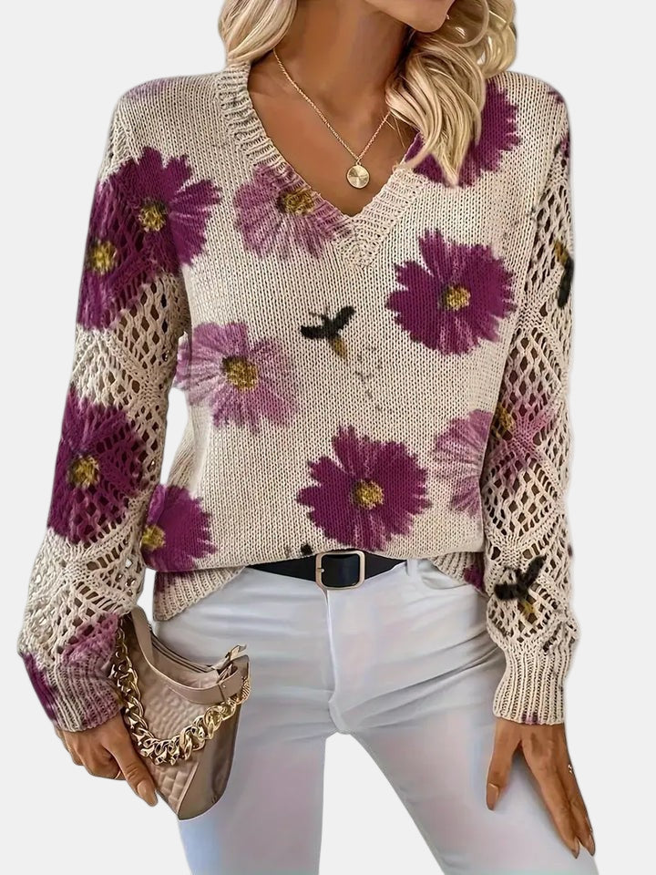 Rosalie - Elegant Floral V-Neck Sweater
