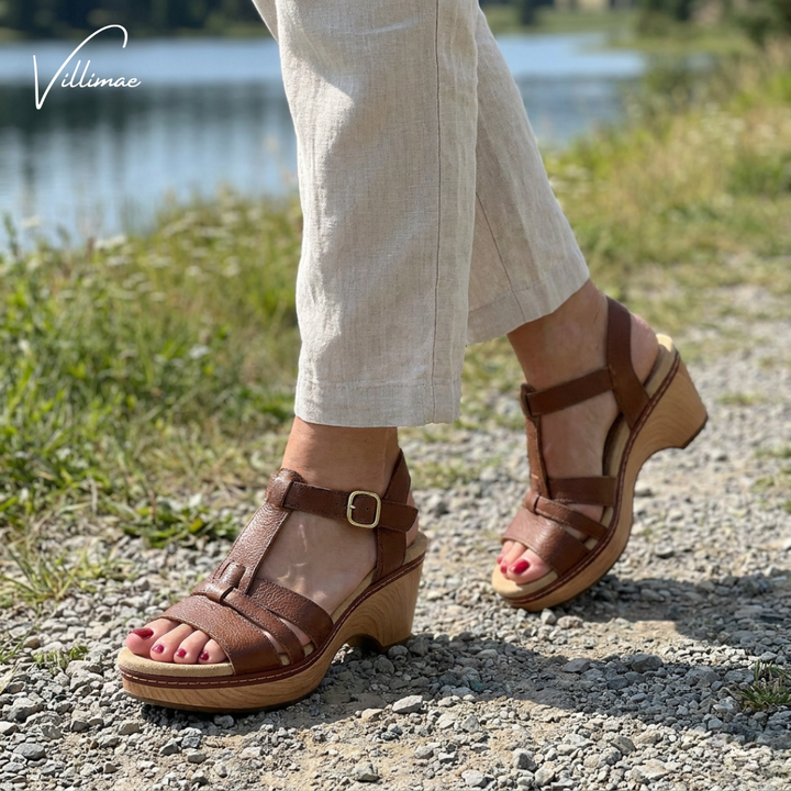 Olivia - Leather T-Strap Heeled Sandals