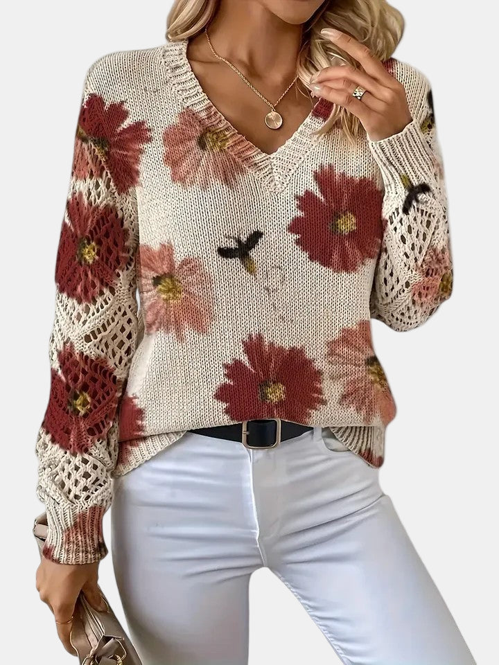 Rosalie - Elegant Floral V-Neck Sweater