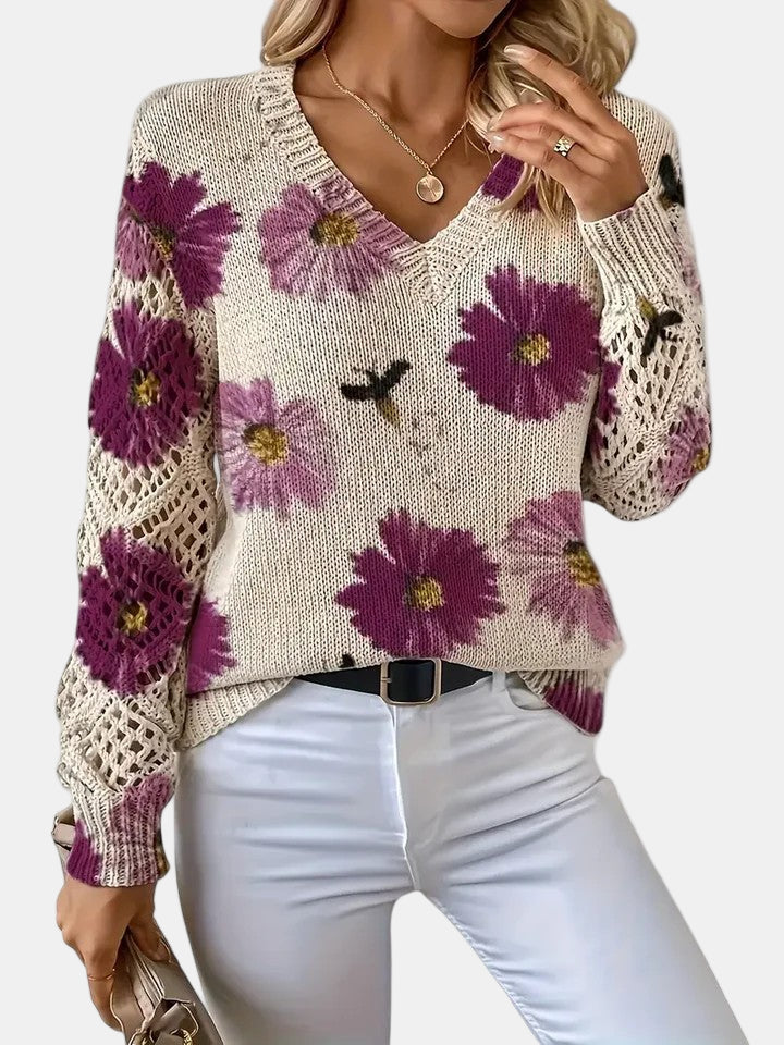 Rosalie - Elegant Floral V-Neck Sweater